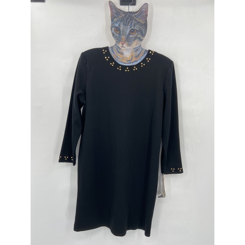 NWT VTG Joan Walters Petites Black Long‎ Sleeve Padded Shoulders Dress Size 14